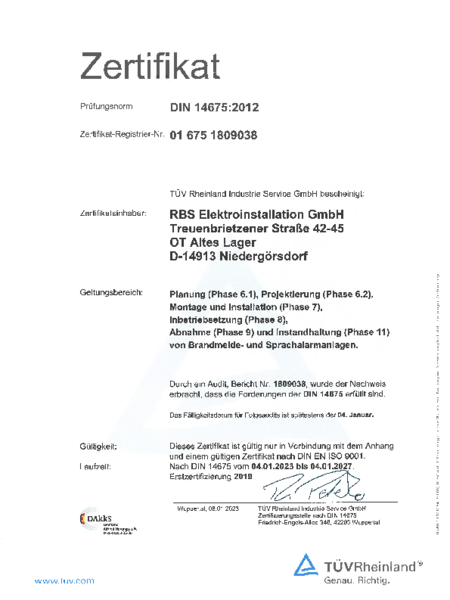 DIN 14675:2012 bei RBS Elektroinstallation GmbH in Niedergörsdorf OT Altes Lager