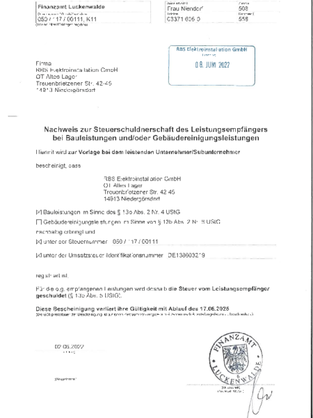 Steuerschuldnerschaft Bauleistungen bei RBS Elektroinstallation GmbH in Niedergörsdorf OT Altes Lager