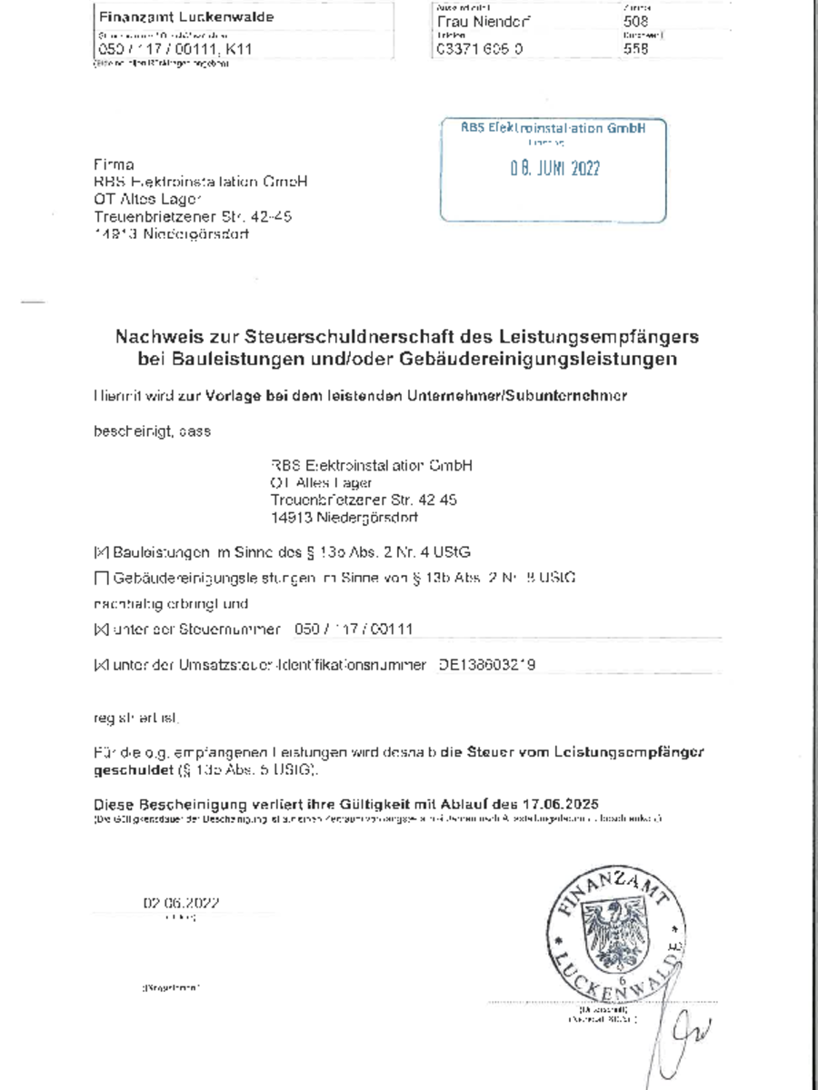 Steuerschuldnerschaft Bauleistungen bei RBS Elektroinstallation GmbH in Niedergörsdorf OT Altes Lager