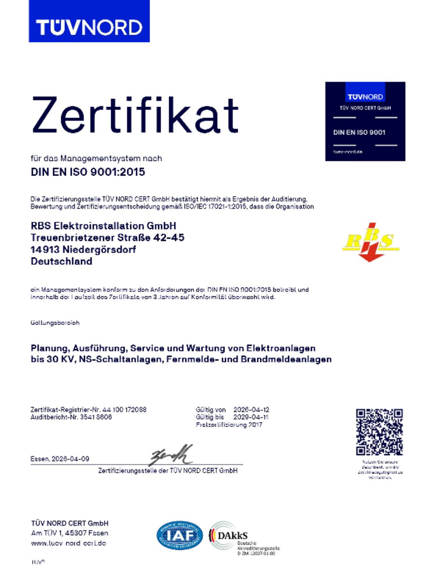 DIN EN ISO 9001:2015 bei RBS Elektroinstallation GmbH in Niedergörsdorf OT Altes Lager