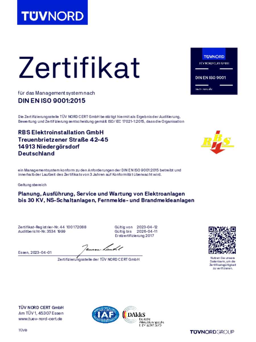 DIN EN ISO 9001:2015 bei RBS Elektroinstallation GmbH in Niedergörsdorf OT Altes Lager