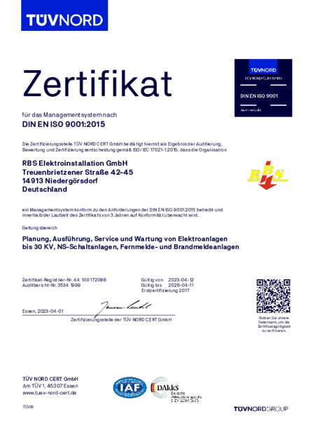 DIN EN ISO 9001:2015 bei RBS Elektroinstallation GmbH in Niedergörsdorf OT Altes Lager