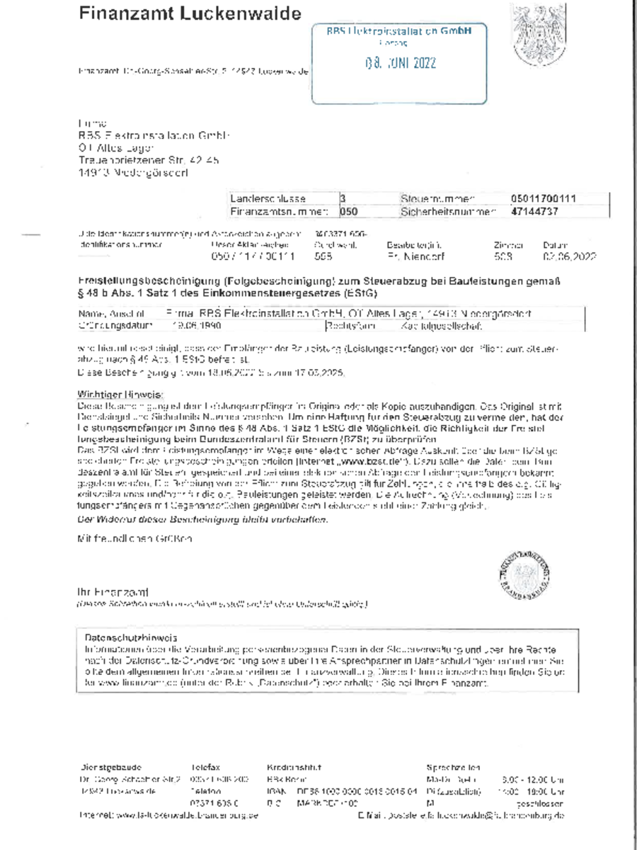 Freistellungs-bescheinigung Bauleistungen bei RBS Elektroinstallation GmbH in Niedergörsdorf OT Altes Lager