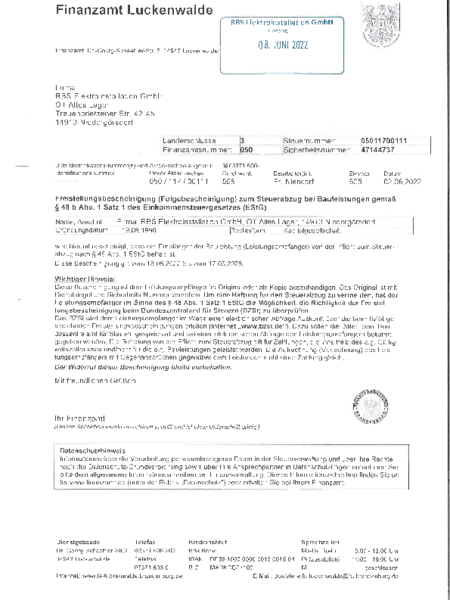 Freistellungs-bescheinigung Bauleistungen bei RBS Elektroinstallation GmbH in Niedergörsdorf OT Altes Lager